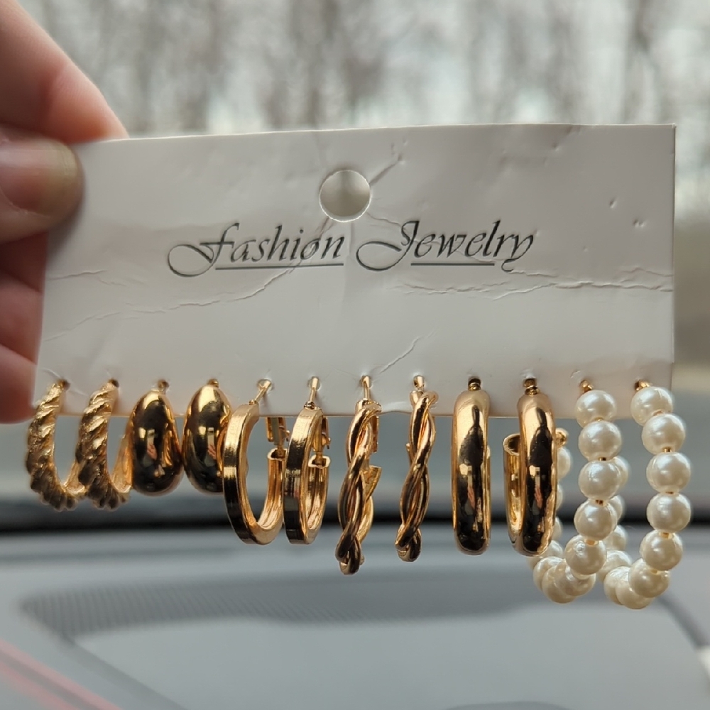 Gold tone and Faux Pearl Hoop Earring Set - Fashion Jewelry